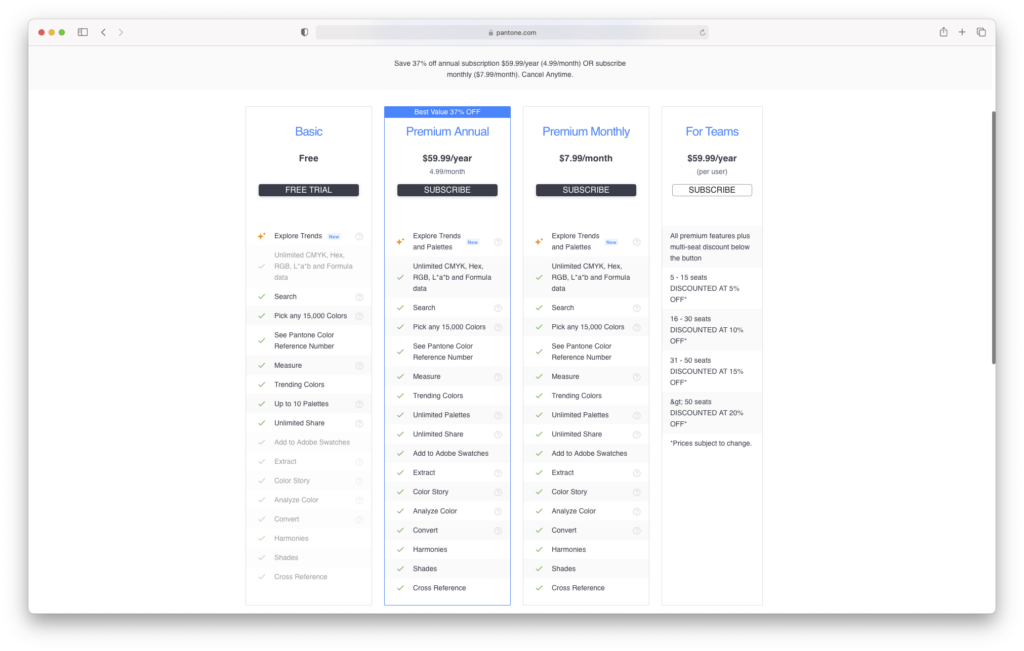 Price table of PANTONE Connect: If you need all functions, you have to dig deep into your pocket.